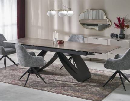 Masa extensibila HILARIO WOOD din piatra sinterizata nuc, metal negru 180-260x90xH75cm