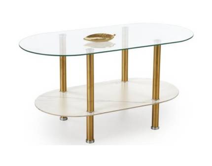 Masuta DUCAT cu spatiu tip suport, din sticla transparenta, sticla cu efect de marmura alba, metal auriu 100x50xH51cm