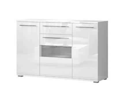 Comoda cu 3 usi si 1 sertar PIANO WHITE 150x85x45cm alb lucios - sticla, manere si picioare crom