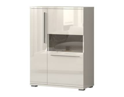 Vitrina lata cu 2 usi cu sticla PIANO BEIGE 90x123x40cm bej lucios - sticla, manere si picioare crom