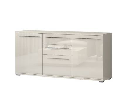 Comoda cu 3 usi si 2 sertare PIANO BEIGE 180x85x45cm bej lucios, manere si picioare crom