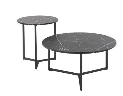 Set 2 masute RAVELLO din sticla cu efect de marmura neagra, metal negru 80xH40cm / 50xH55cm