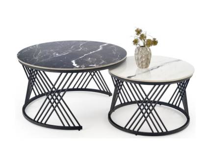 Set 2 masute FLAMINGO White Black din piatra sinterozata cu efect de marmura alba/ neagra, metal negru 60xH40cm / 80xH46cm