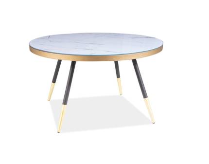 Masuta VEGA B din sticla cu efect de marmura alba, furnir, metal auriu + negru 80xH45cm