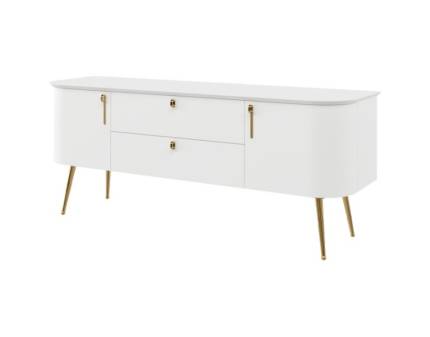 Comoda TV cu 2 usi si 2 sertare GALET 158x65x47cm alb mat, picioare si manere auriu neon