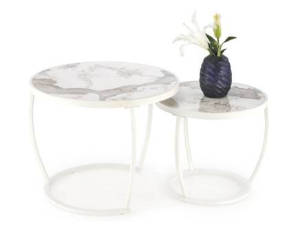 Set 2 masute INES WHITE din otel sinterizat cu efect de marmura crem, metal alb 50xH43cm / 62xH47cm