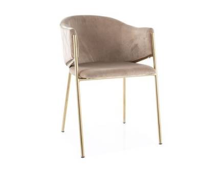 Scaun tapitat BONO VELVET GOLD design rotunjit minimalist, catifea beige 55x60xH77cm, picioare aurii