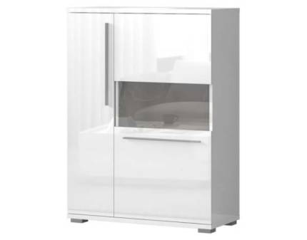 Vitrina lata cu 2 usi cu sticla PIANO WHITE 90x123x40cm alb lucios - sticla, manere si picioare crom